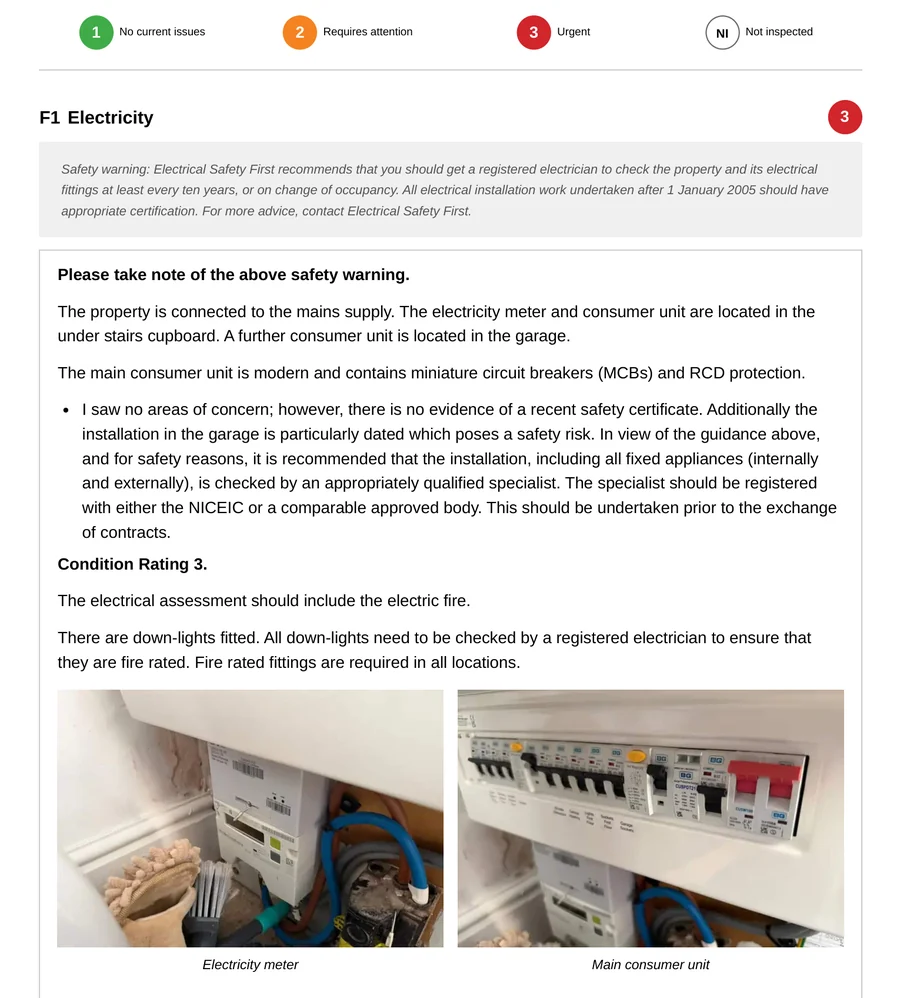 A page from the CJ Bloor Level 2 sample report: the electricity section with a condition rating of 3, the surveyor's findings, and photographs of the meter and consumer unit