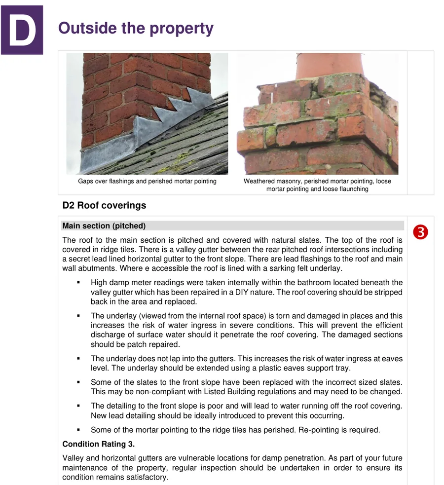 A page from the CJ Bloor Level 3 sample report: two annotated photographs of a chimney, the surveyor's findings on the roof coverings, and a condition rating of 3 in the margin