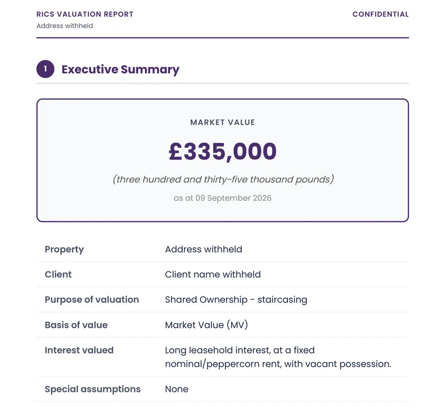 The executive summary of a CJ Bloor RICS valuation report: the market value, the purpose and basis of value, with the address and client withheld